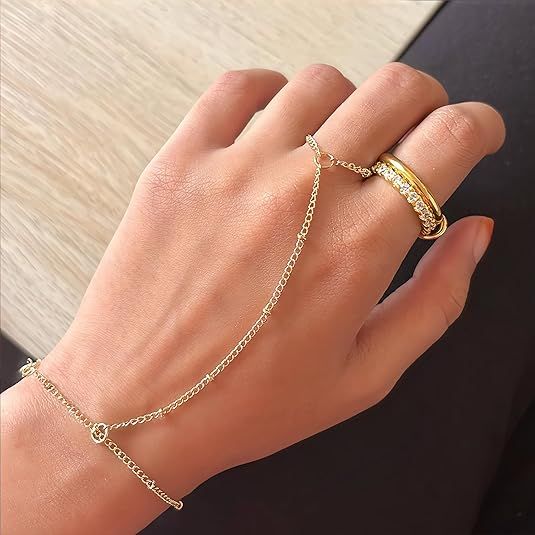 3PCS 14K Gold-Plated Hand Chain Bracelets for Women, Stack Bracelets Set Adjustable, Trendy Dainty Ring V1102-B0FD38Q4DJ