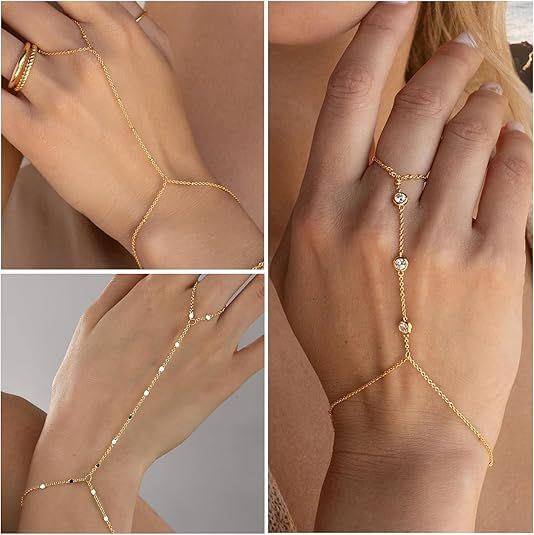 3PCS 14K Gold-Plated Hand Chain Bracelets for Women, Stack Bracelets Set Adjustable, Trendy Dainty Ring V1102-B0FD38Q4DJ