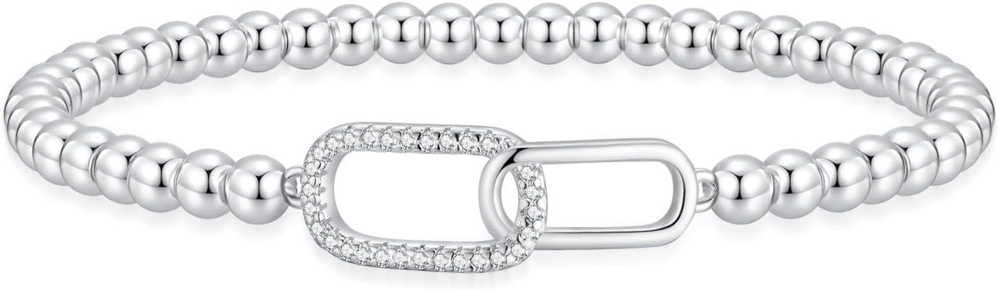 Women's Silver Bracelet, Silver Elastic Beaded Bracelet, Handmade Ball Accent Bracelet, Elegant Silver V1102-B0FH6QBC6C