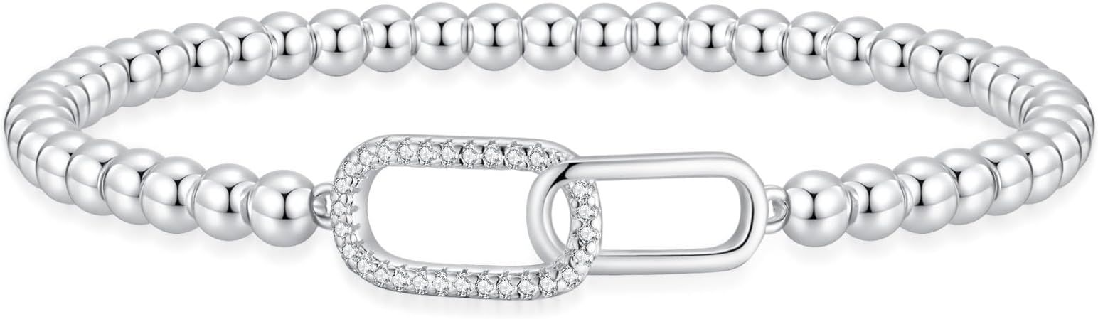 Women's Silver Bracelet, Silver Elastic Beaded Bracelet, Handmade Ball Accent Bracelet, Elegant Silver V1102-B0FH6QBC6C