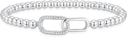 Women's Silver Bracelet, Silver Elastic Beaded Bracelet, Handmade Ball Accent Bracelet, Elegant Silver V1102-B0FH6QBC6C