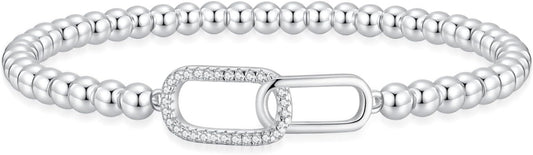 Women's Silver Bracelet, Silver Elastic Beaded Bracelet, Handmade Ball Accent Bracelet, Elegant Silver V1102-B0FH6QBC6C