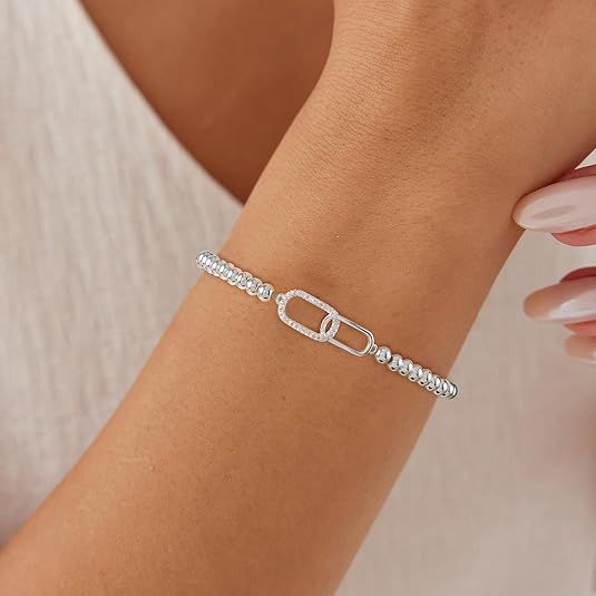 Women's Silver Bracelet, Silver Elastic Beaded Bracelet, Handmade Ball Accent Bracelet, Elegant Silver V1102-B0FH6QBC6C
