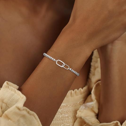 Women's Silver Bracelet, Silver Elastic Beaded Bracelet, Handmade Ball Accent Bracelet, Elegant Silver V1102-B0FH6QBC6C