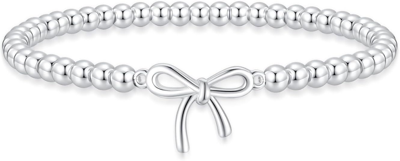 Women's Silver Bracelet, Silver Elastic Beaded Bracelet, Handmade Ball Accent Bracelet, Elegant Silver V1102-B0FH6S6J48