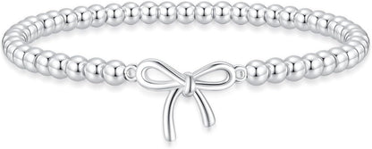 Women's Silver Bracelet, Silver Elastic Beaded Bracelet, Handmade Ball Accent Bracelet, Elegant Silver V1102-B0FH6S6J48