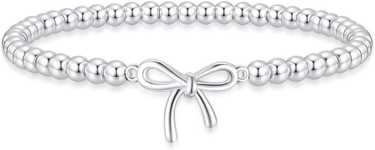 Women's Silver Bracelet, Silver Elastic Beaded Bracelet, Handmade Ball Accent Bracelet, Elegant Silver V1102-B0FH6S6J48