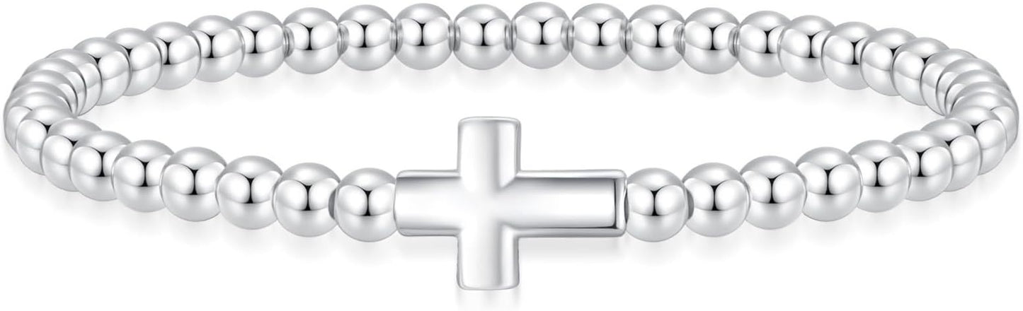 Women's Silver Bracelet, Silver Elastic Beaded Bracelet, Handmade Ball Accent Bracelet, Elegant Silver V1102-B0FH6TG3HC