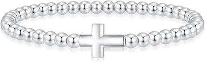 Women's Silver Bracelet, Silver Elastic Beaded Bracelet, Handmade Ball Accent Bracelet, Elegant Silver V1102-B0FH6TG3HC