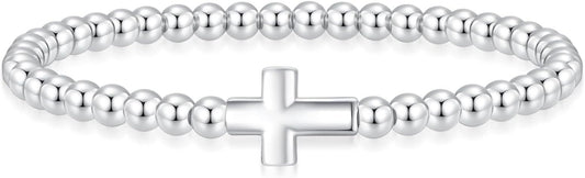 Women's Silver Bracelet, Silver Elastic Beaded Bracelet, Handmade Ball Accent Bracelet, Elegant Silver V1102-B0FH6TG3HC