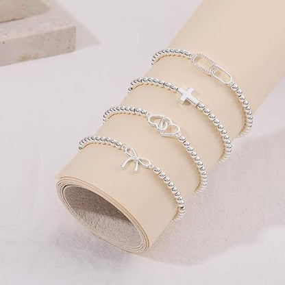 Women's Silver Bracelet, Silver Elastic Beaded Bracelet, Handmade Ball Accent Bracelet, Elegant Silver V1102-B0FH6TG3HC