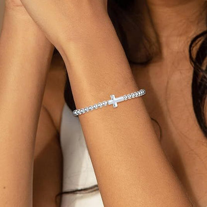 Women's Silver Bracelet, Silver Elastic Beaded Bracelet, Handmade Ball Accent Bracelet, Elegant Silver V1102-B0FH6TG3HC