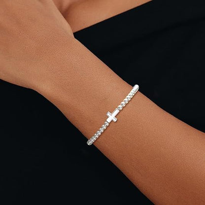Women's Silver Bracelet, Silver Elastic Beaded Bracelet, Handmade Ball Accent Bracelet, Elegant Silver V1102-B0FH6TG3HC