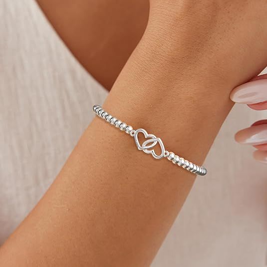 Women's Silver Bracelet, Silver Elastic Beaded Bracelet, Handmade Ball Accent Bracelet, Elegant Silver V1102-B0FH6V9CQV