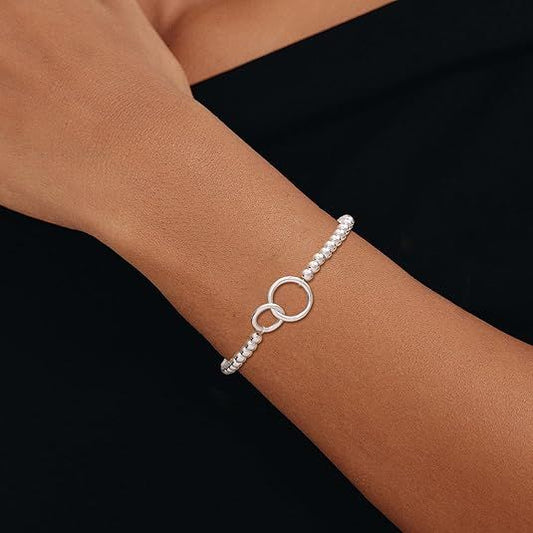 Women's Silver Bracelet, Silver Elastic Beaded Bracelet, Handmade Ball Accent Bracelet, Elegant Silver V1102-B0FN82PTF1