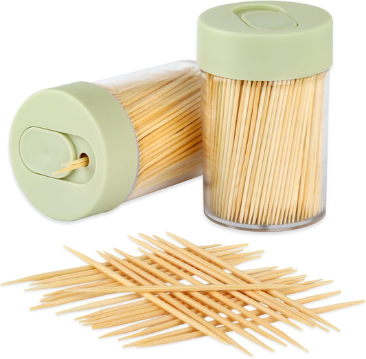 2PS Toothpick Holder with 1000 Count Bamboo Toothpicks for Teeth Cleaning Fruits- Round Double-Pointed Wooden V1102-B0FQNW4B1R