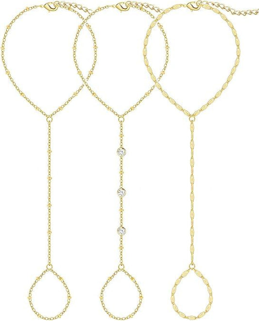 3PCS 14K Gold-Plated Hand Chain Bracelets for Women, Stack Bracelets Set Adjustable, Trendy Dainty Ring V1102-B0FYP4DKHB