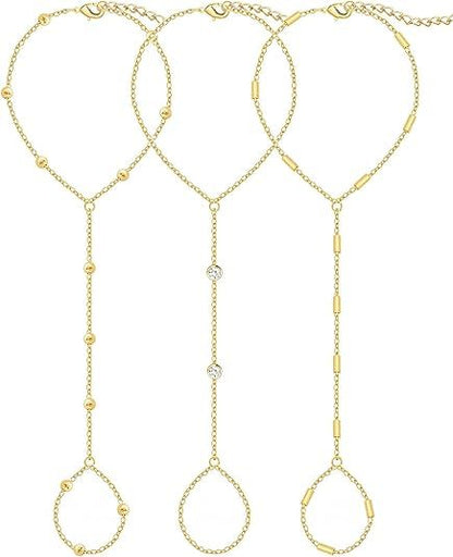 3PCS 14K Gold-Plated Hand Chain Bracelets for Women, Stack Bracelets Set Adjustable, Trendy Dainty Ring V1102-B0GG9XK396