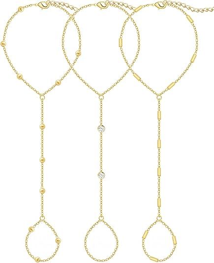 3PCS 14K Gold-Plated Hand Chain Bracelets for Women, Stack Bracelets Set Adjustable, Trendy Dainty Ring V1102-B0GG9XK396