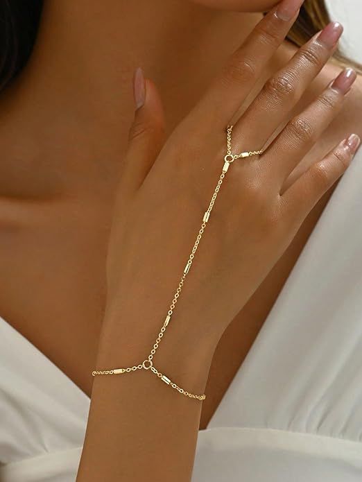 3PCS 14K Gold-Plated Hand Chain Bracelets for Women, Stack Bracelets Set Adjustable, Trendy Dainty Ring V1102-B0GG9XK396