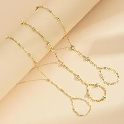3PCS 14K Gold-Plated Hand Chain Bracelets for Women, Stack Bracelets Set Adjustable, Trendy Dainty Ring V1102-B0GG9XK396