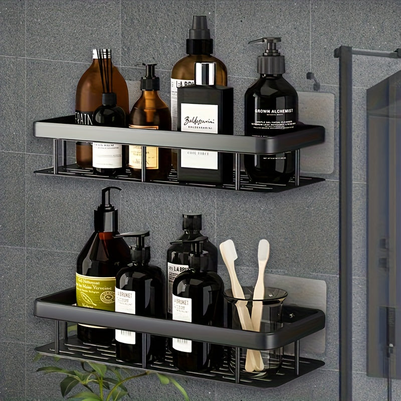 Black Wall-Mounted Storage Shelf - Heavy-Duty Plastic, No-Drill Adhesive Installation, Space-Saving Bathroom V1102-BGSCWJ001