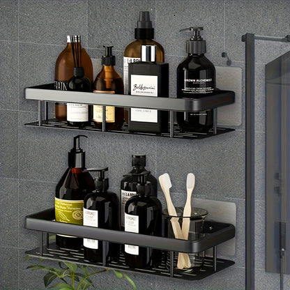 Black Wall-Mounted Storage Shelf - Heavy-Duty Plastic, No-Drill Adhesive Installation, Space-Saving Bathroom V1102-BGSCWJ001