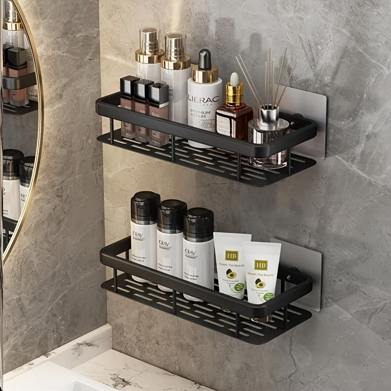Black Wall-Mounted Storage Shelf - Heavy-Duty Plastic, No-Drill Adhesive Installation, Space-Saving Bathroom V1102-BGSCWJ001