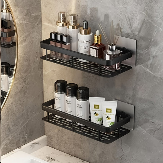 Black Wall-Mounted Storage Shelf - Heavy-Duty Plastic, No-Drill Adhesive Installation, Space-Saving Bathroom V1102-BGSCWJ001
