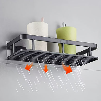Black Wall-Mounted Storage Shelf - Heavy-Duty Plastic, No-Drill Adhesive Installation, Space-Saving Bathroom V1102-BGSCWJ001