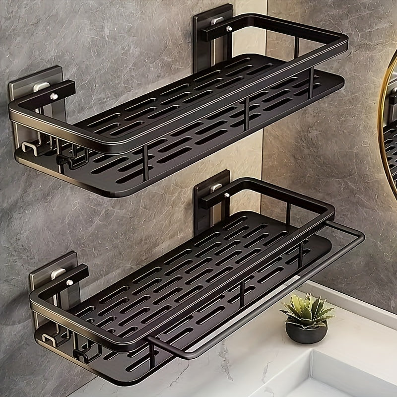 Black Wall-Mounted Storage Shelf - Heavy-Duty Plastic, No-Drill Adhesive Installation, Space-Saving Bathroom V1102-BGSCWJ001