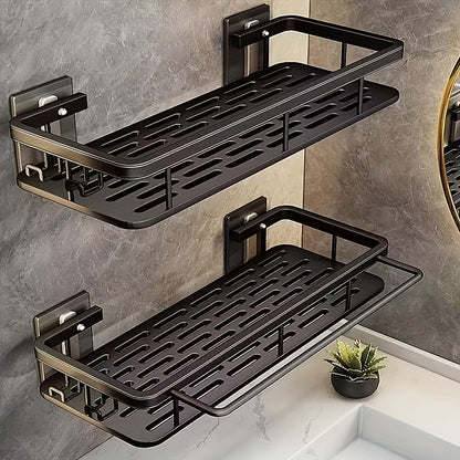 Black Wall-Mounted Storage Shelf - Heavy-Duty Plastic, No-Drill Adhesive Installation, Space-Saving Bathroom V1102-BGSCWJ001