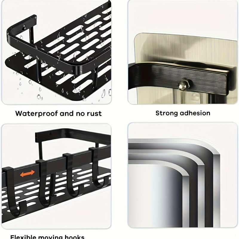Black Wall-Mounted Storage Shelf - Heavy-Duty Plastic, No-Drill Adhesive Installation, Space-Saving Bathroom V1102-BGSCWJ001