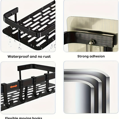 Black Wall-Mounted Storage Shelf - Heavy-Duty Plastic, No-Drill Adhesive Installation, Space-Saving Bathroom V1102-BGSCWJ001