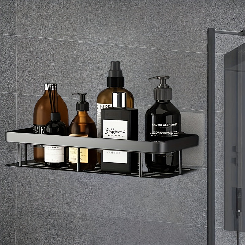 Black Wall-Mounted Storage Shelf - Heavy-Duty Plastic, No-Drill Adhesive Installation, Space-Saving Bathroom V1102-BGSCWJ001