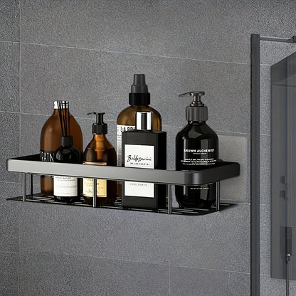 Black Wall-Mounted Storage Shelf - Heavy-Duty Plastic, No-Drill Adhesive Installation, Space-Saving Bathroom V1102-BGSCWJ001