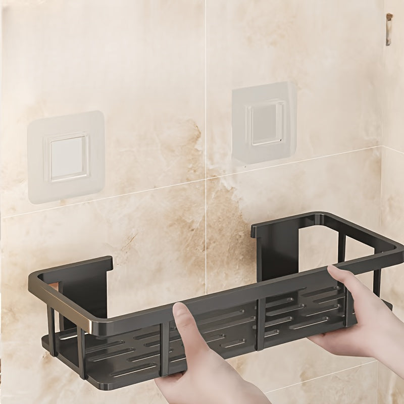 Black Wall-Mounted Storage Shelf - Heavy-Duty Plastic, No-Drill Adhesive Installation, Space-Saving Bathroom V1102-BGSCWJ001