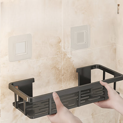 Black Wall-Mounted Storage Shelf - Heavy-Duty Plastic, No-Drill Adhesive Installation, Space-Saving Bathroom V1102-BGSCWJ001