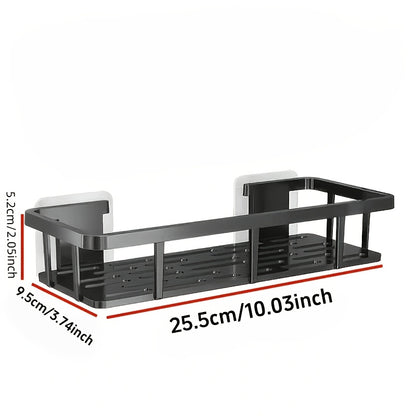 Black Wall-Mounted Storage Shelf - Heavy-Duty Plastic, No-Drill Adhesive Installation, Space-Saving Bathroom V1102-BGSCWJ001