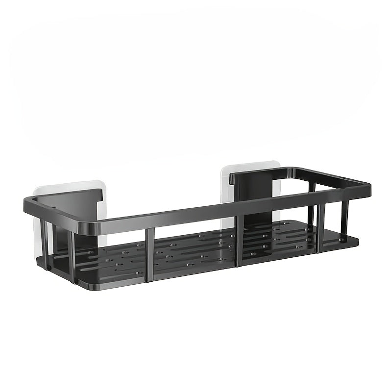 Black Wall-Mounted Storage Shelf - Heavy-Duty Plastic, No-Drill Adhesive Installation, Space-Saving Bathroom V1102-BGSCWJ001
