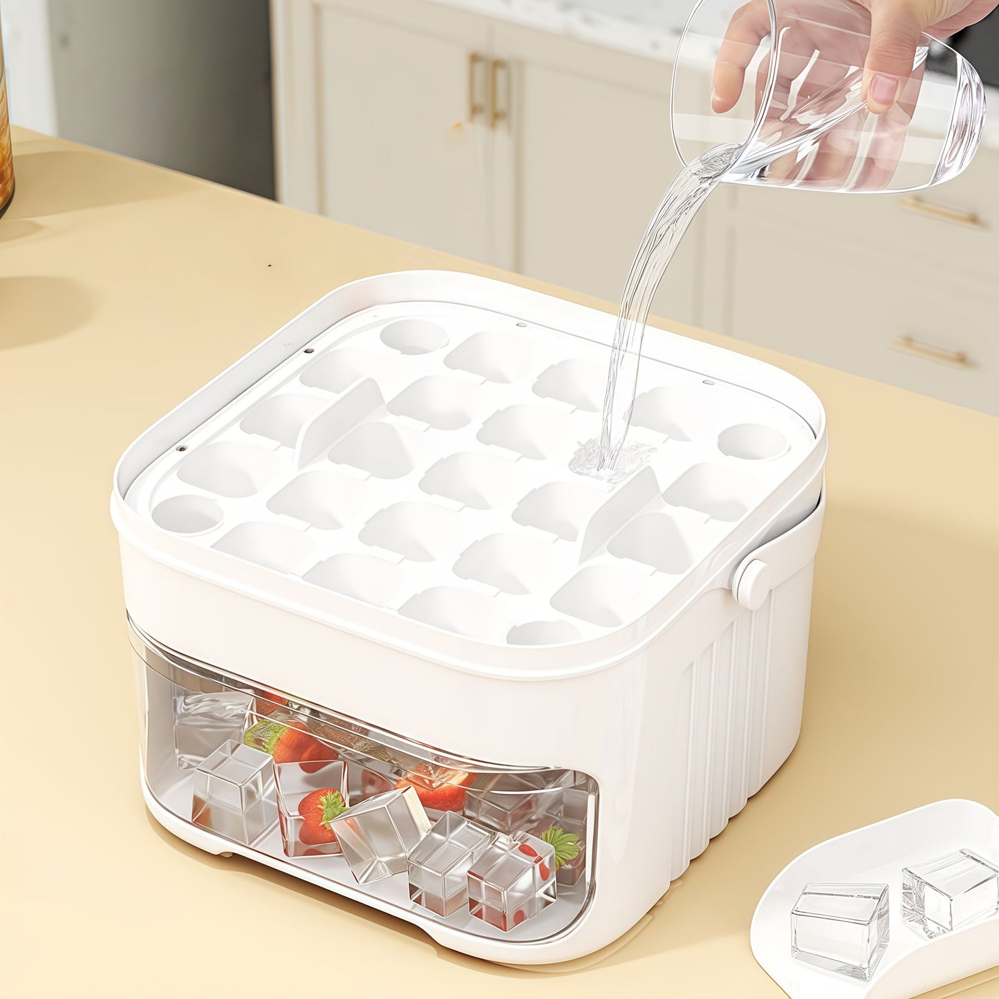 1PC Refrigerator Ice Cube Mold, Manual Press Two-Layer Design, Large Capacity Food-Grade PP Material, V1102-BIZBMJ001