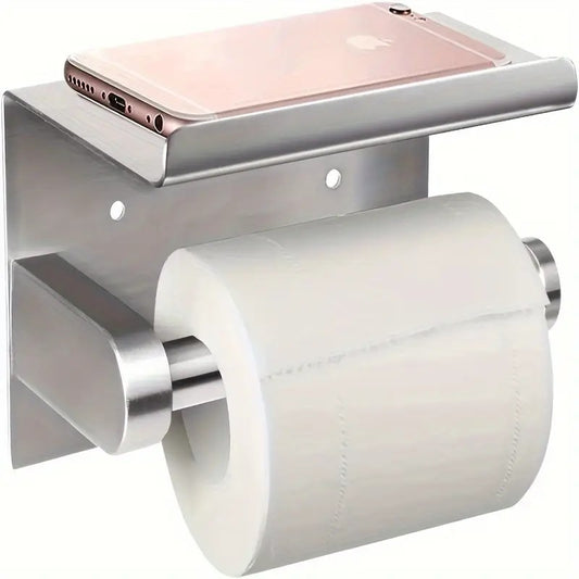 1pc Toilet Paper Holder with Shelf, Bathroom Tissue Storage Rack, Wall-Mounted Paper Towel Dispenser, V1102-BXGZJJ001