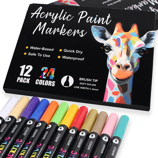 12-Pack Dual-Tip Acrylic Paint Markers, 24 Colors Double brush tips, dual-color acrylic paint pens Suitable V1102-BXYLB001