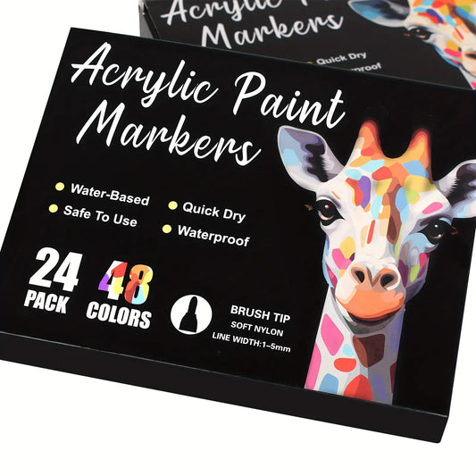 24-Pack Dual-Tip Acrylic Paint Markers, 48 Colors Double brush tips, dual-color acrylic paint pens Suitable V1102-BXYLB002