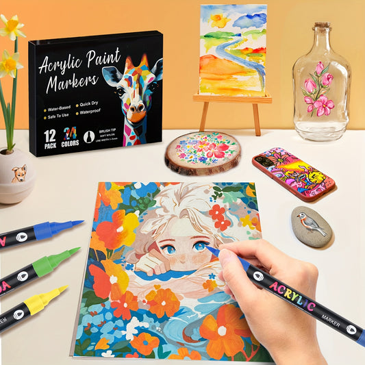 24-Pack Dual-Tip Acrylic Paint Markers, 48 Colors Double brush tips, dual-color acrylic paint pens Suitable V1102-BXYLB002