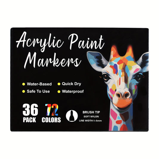 36-Pack Dual-Tip Acrylic Paint Markers, 72 Colors Double brush tips, dual-color acrylic paint pens Suitable V1102-BXYLB003