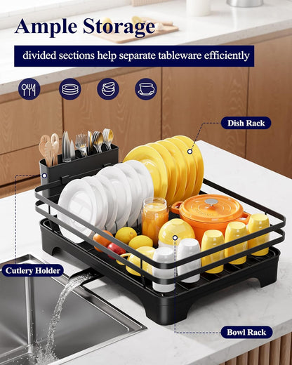 Dish Drying Rack - Multi-Functional Dish Rack for Kitchen Counter with Cutlery Holder, Rust-Proof Storage V1102-COLORBLACK