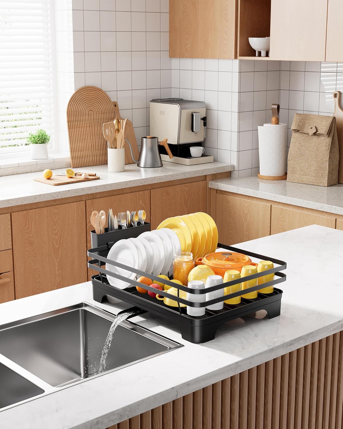Dish Drying Rack - Multi-Functional Dish Rack for Kitchen Counter with Cutlery Holder, Rust-Proof Storage V1102-COLORBLACK
