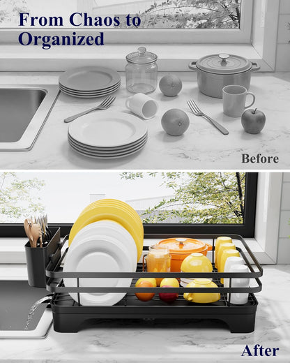 Dish Drying Rack - Multi-Functional Dish Rack for Kitchen Counter with Cutlery Holder, Rust-Proof Storage V1102-COLORBLACK