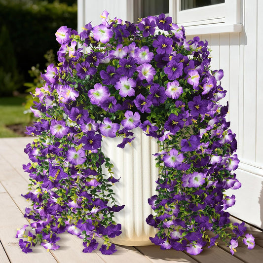 Artificial Fake Hanging Flowers Plants for Outdoor Spring Decoration,2 PCS Faux Silk Morning Glory with V1102-COLORDUALPURPLE